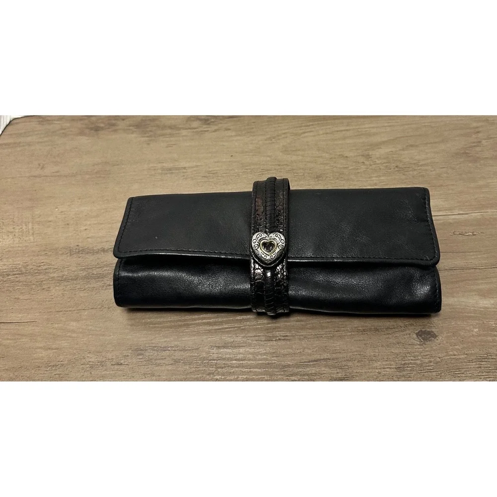 Brighton Black Leather Jewelry Organizer Roll Travel Heart‎ Charm Snap Closure